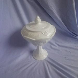 Indiana Glass Harvest Grape pedestal milkglass candy dish with lid